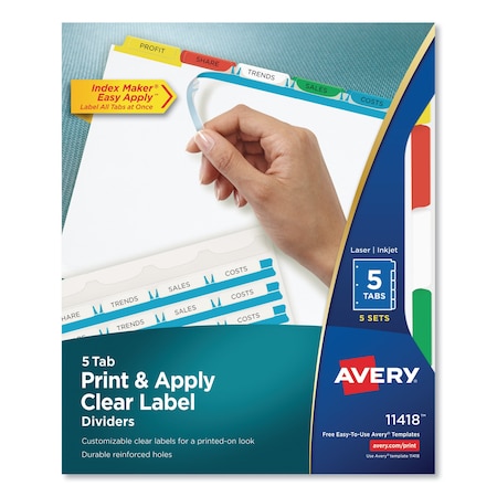 Avery Dennison Printable Index Dividers, 5 Tabs, Clear with Color, PK5 11418